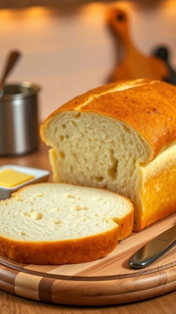 Homemade Sandwich Bread Machine Recipe Freshly baked sandwich bread loaf sliced on a wooden board with butter and knife.